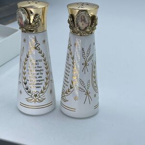 Vintage Jesus & Mary milk glass Grace before & after meals salt & pepper